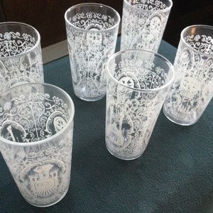 Six vintage glasses, transportation themed, steamboat, covered wagon, and trains